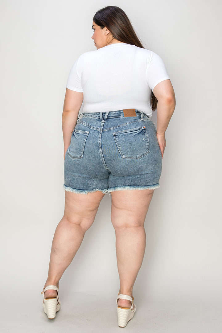 Judy Blue Full Size Button Fly Raw Hem Denim Shorts - Judy Blue Jeans Boutique
