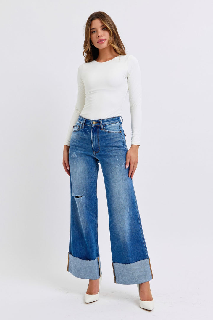 Judy Blue Full Size Distressed High Waist Wide Leg Jeans - Judy Blue Jeans Boutique