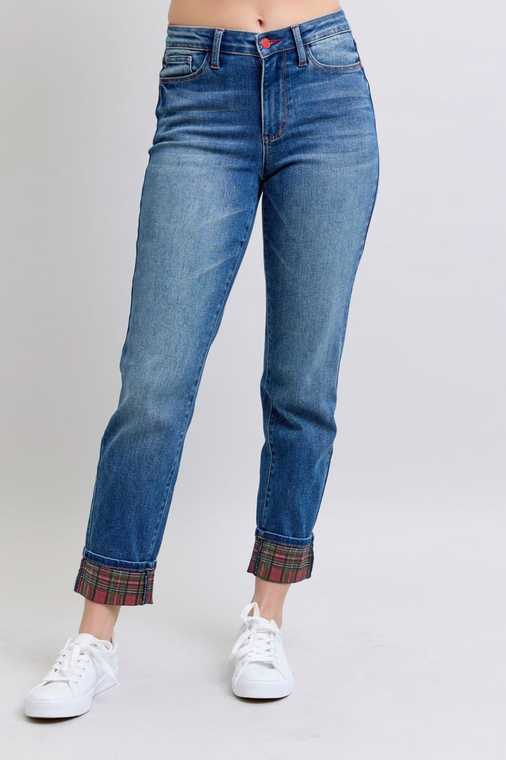 Judy Blue Full Size Plaid Print Cuff Straight Leg Jeans with Pockets - Judy Blue Jeans Boutique