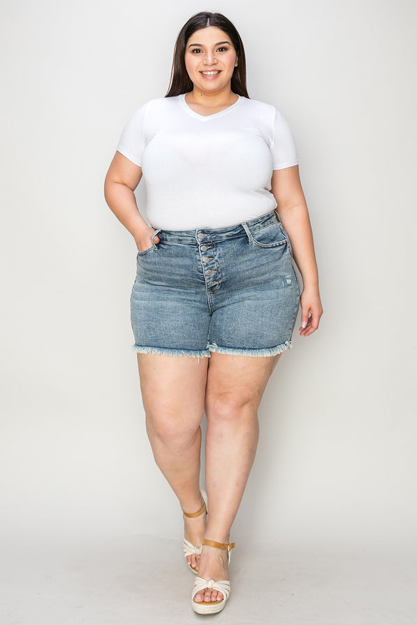 Judy Blue Full Size Button Fly Raw Hem Denim Shorts - Judy Blue Jeans Boutique