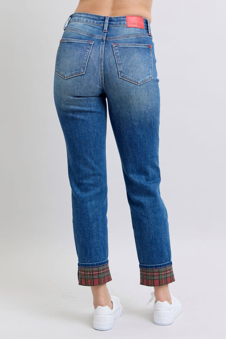 Judy Blue Full Size Plaid Print Cuff Straight Leg Jeans with Pockets - Judy Blue Jeans Boutique