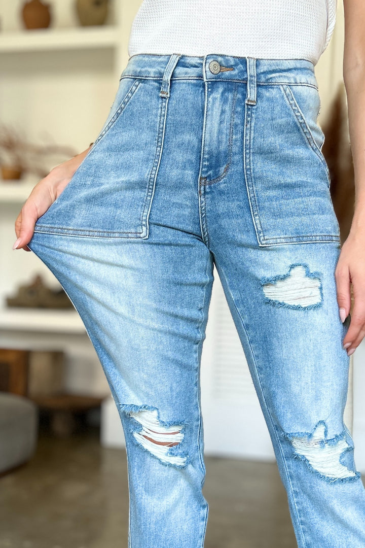 Judy Blue Full Size Distressed Straight Jeans with Patch Pockets - Judy Blue Jeans Boutique