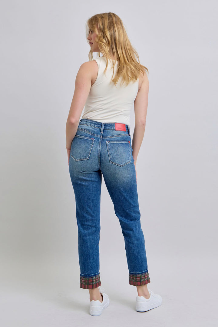 Judy Blue Full Size Plaid Print Cuff Straight Leg Jeans with Pockets - Judy Blue Jeans Boutique