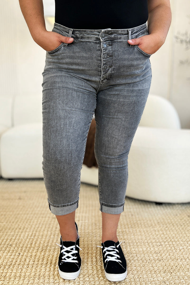 Judy Blue Full Size Button Fly High Waist Cuffed Capris - Judy Blue Jeans Boutique