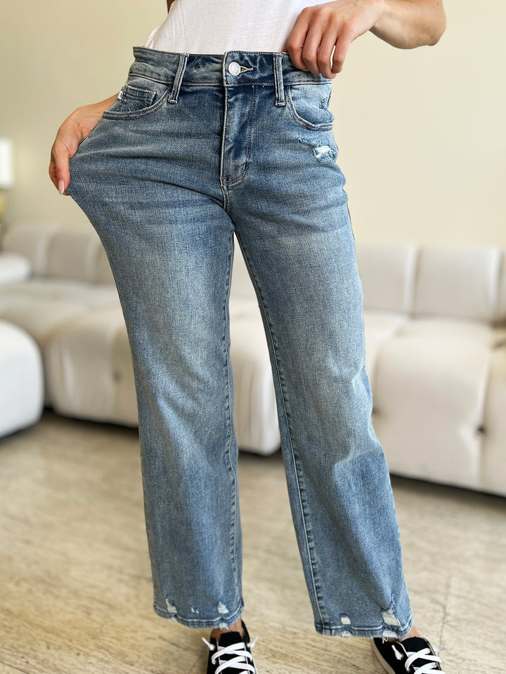 Judy Blue Full Size Mid Rise Distressed Straight Jeans - Judy Blue Jeans Boutique