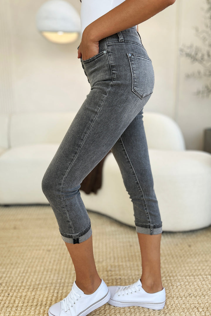Judy Blue Full Size Button Fly High Waist Cuffed Capris - Judy Blue Jeans Boutique