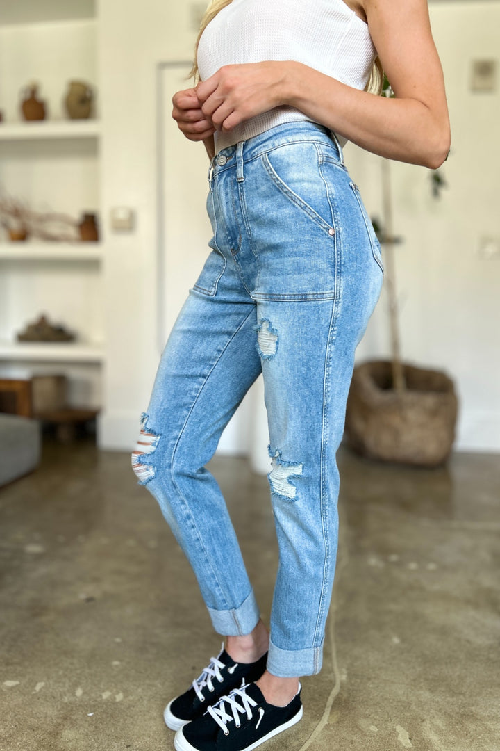 Judy Blue Full Size Distressed Straight Jeans with Patch Pockets - Judy Blue Jeans Boutique
