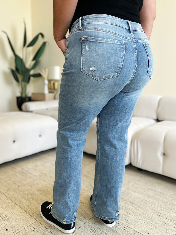 Judy Blue Full Size Mid Rise Distressed Straight Jeans - Judy Blue Jeans Boutique