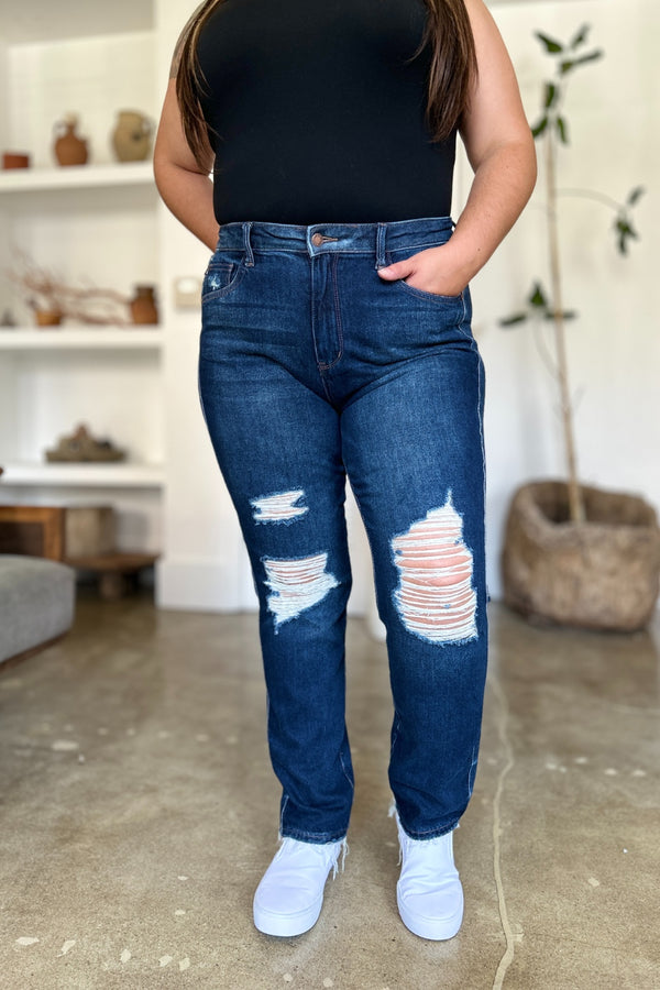 Judy Blue Full Size High Waist Rigid Magic Heavy Destroy Straight Jeans - Judy Blue Jeans Boutique