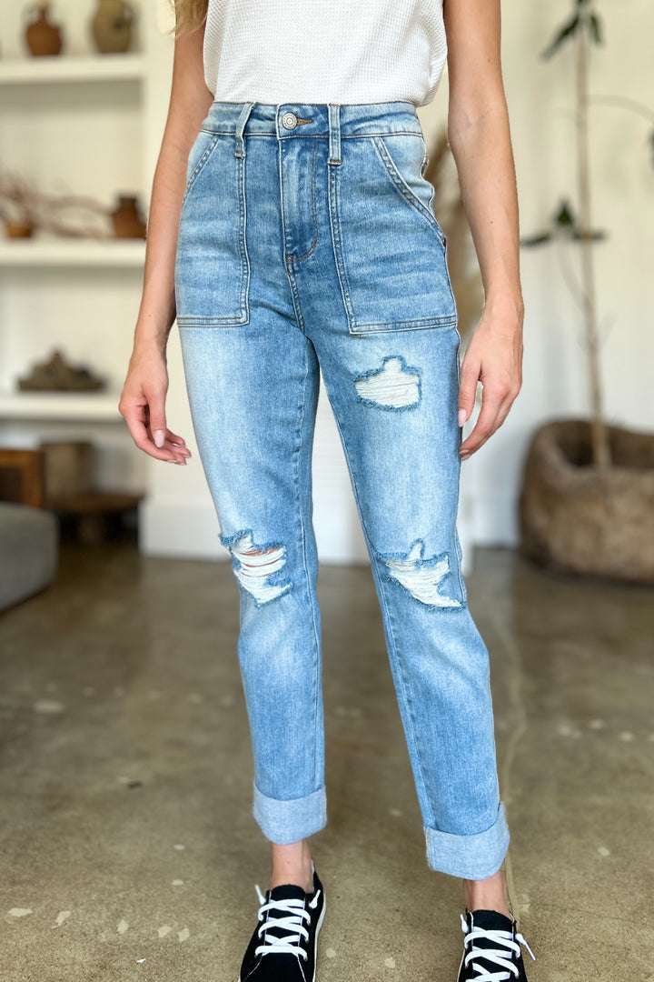 Judy Blue Full Size Distressed Straight Jeans with Patch Pockets - Judy Blue Jeans Boutique