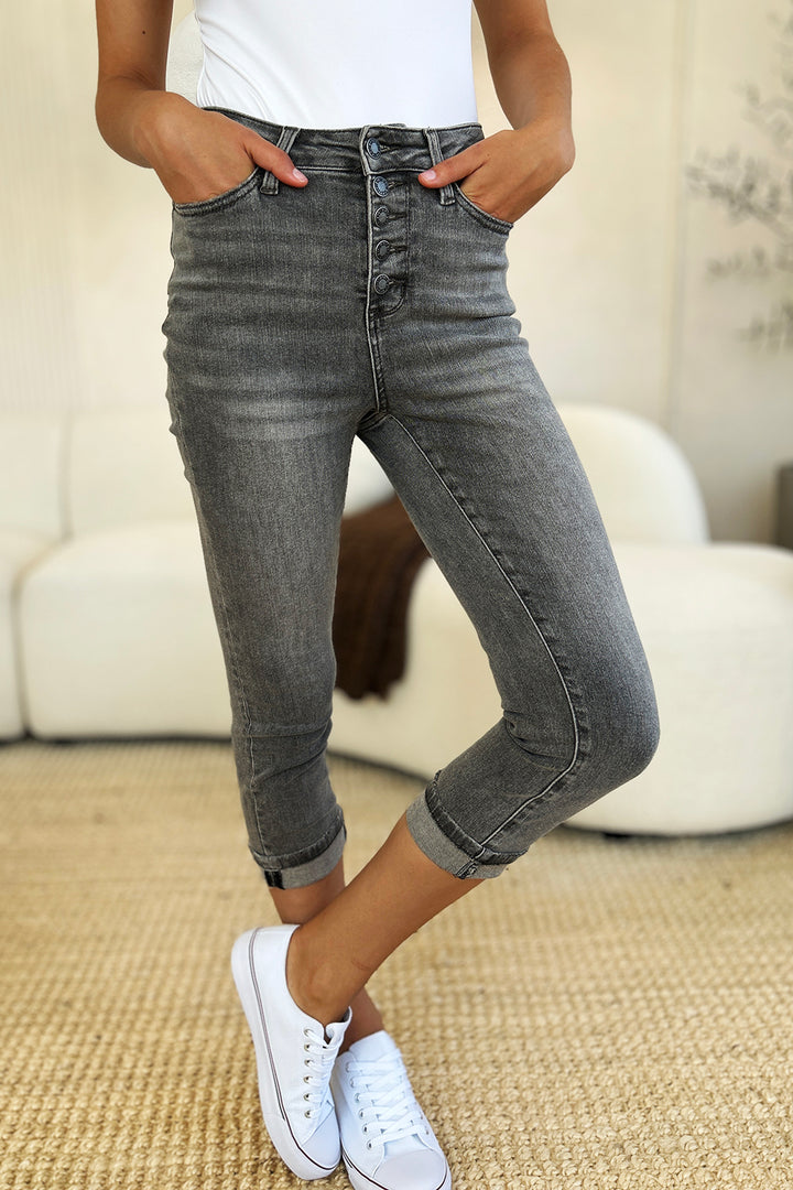 Judy Blue Full Size Button Fly High Waist Cuffed Capris - Judy Blue Jeans Boutique