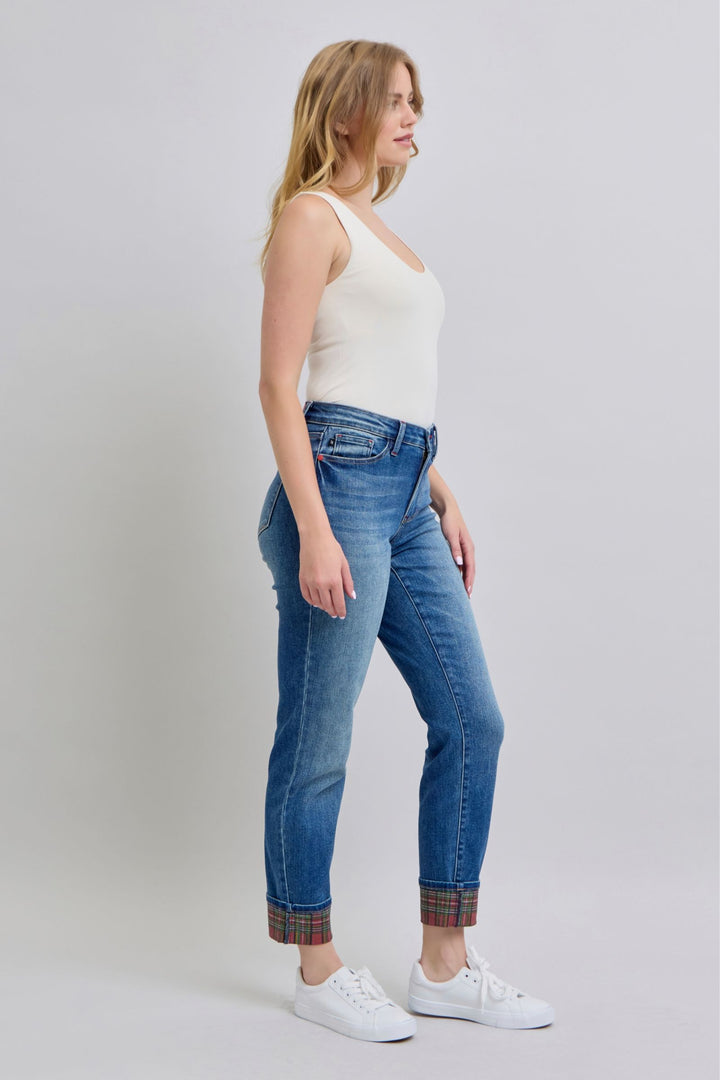 Judy Blue Full Size Plaid Print Cuff Straight Leg Jeans with Pockets - Judy Blue Jeans Boutique