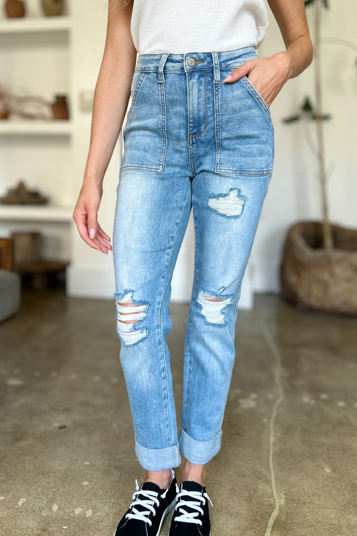 Judy Blue Full Size Distressed Straight Jeans with Patch Pockets - Judy Blue Jeans Boutique