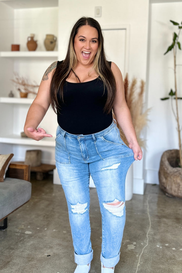 Judy Blue Full Size Distressed Straight Jeans with Patch Pockets - Judy Blue Jeans Boutique