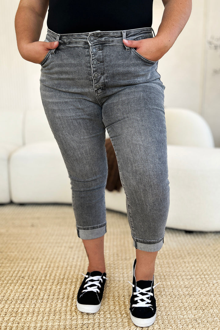 Judy Blue Full Size Button Fly High Waist Cuffed Capris - Judy Blue Jeans Boutique