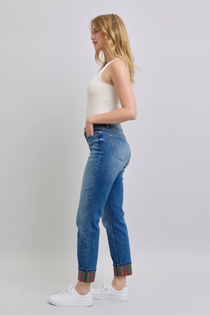 Judy Blue Full Size Plaid Print Cuff Straight Leg Jeans with Pockets - Judy Blue Jeans Boutique