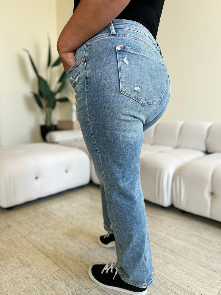 Judy Blue Full Size Mid Rise Distressed Straight Jeans - Judy Blue Jeans Boutique