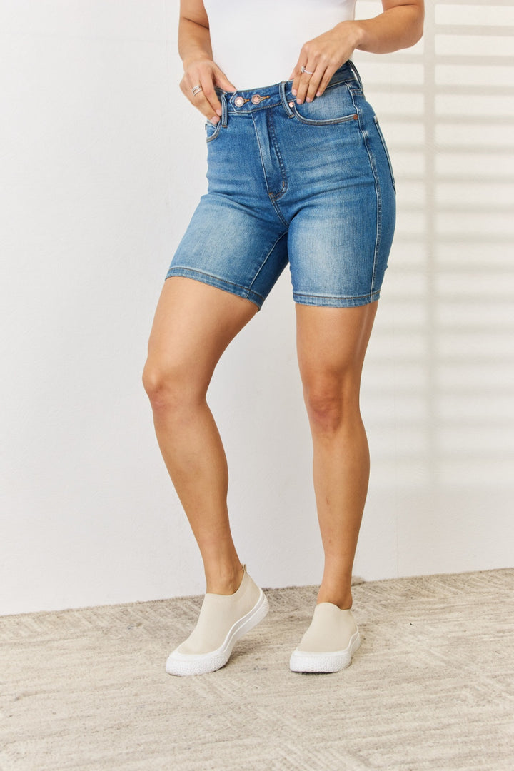 Judy Blue Full Size Tummy Control Double Button Bermuda Denim Shorts - Judy Blue Jeans Boutique