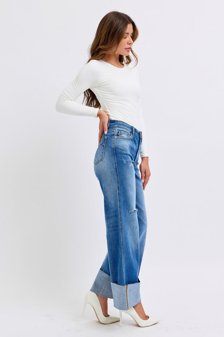 Judy Blue Full Size Distressed High Waist Wide Leg Jeans - Judy Blue Jeans Boutique