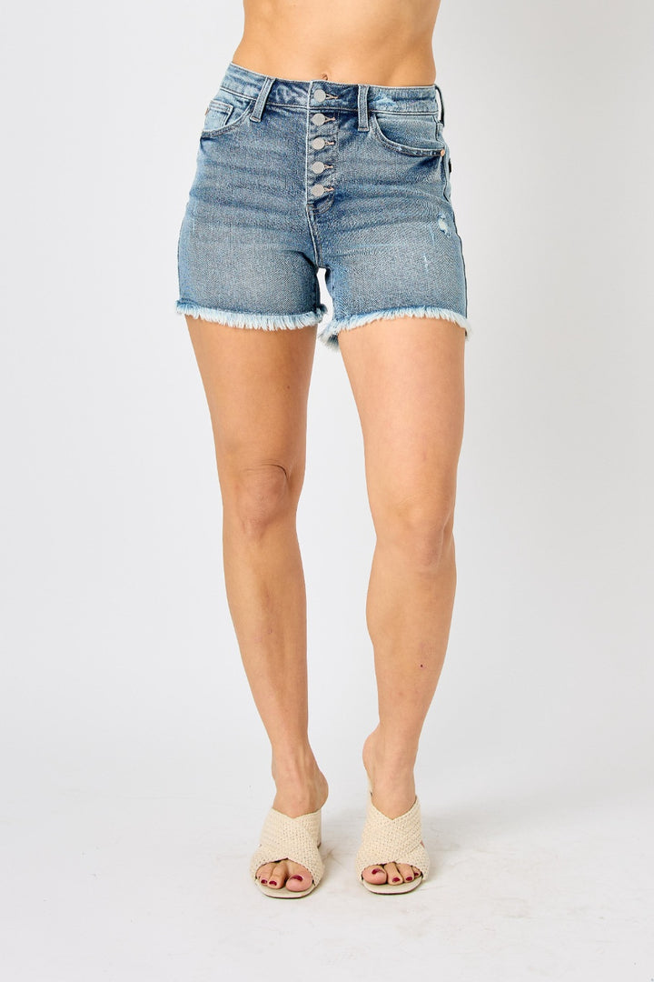 Judy Blue Full Size Button Fly Raw Hem Denim Shorts - Judy Blue Jeans Boutique