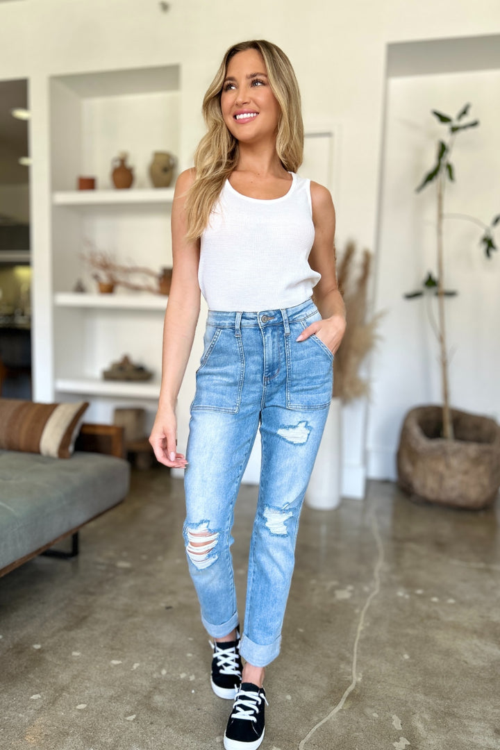 Judy Blue Full Size Distressed Straight Jeans with Patch Pockets - Judy Blue Jeans Boutique