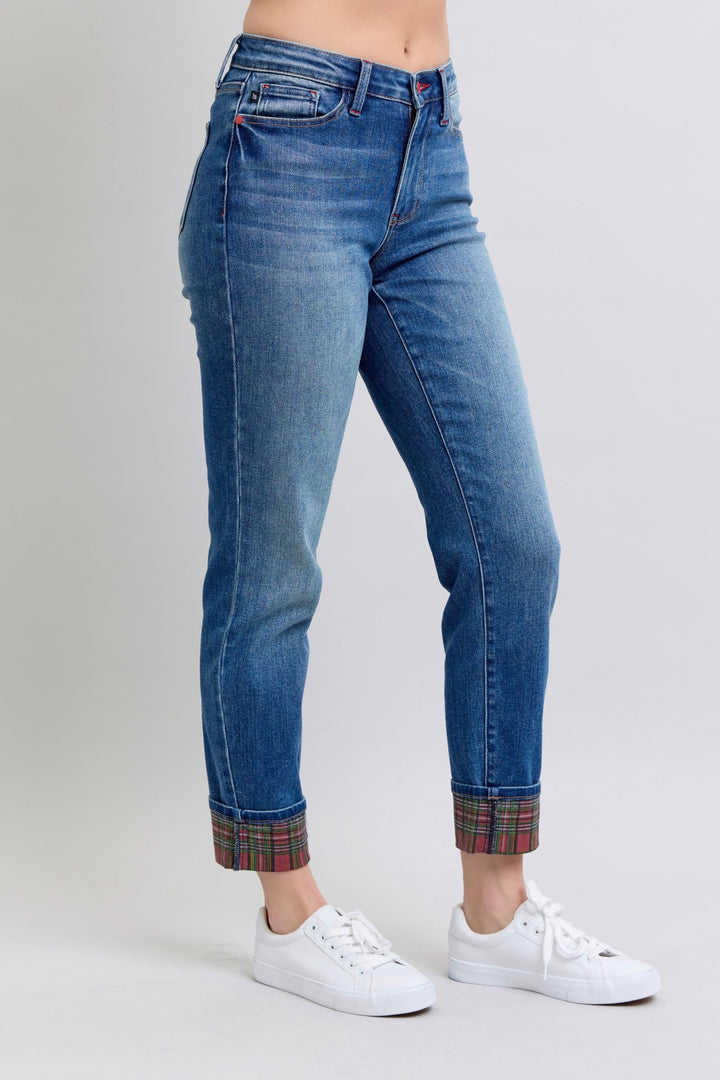 Judy Blue Full Size Plaid Print Cuff Straight Leg Jeans with Pockets - Judy Blue Jeans Boutique