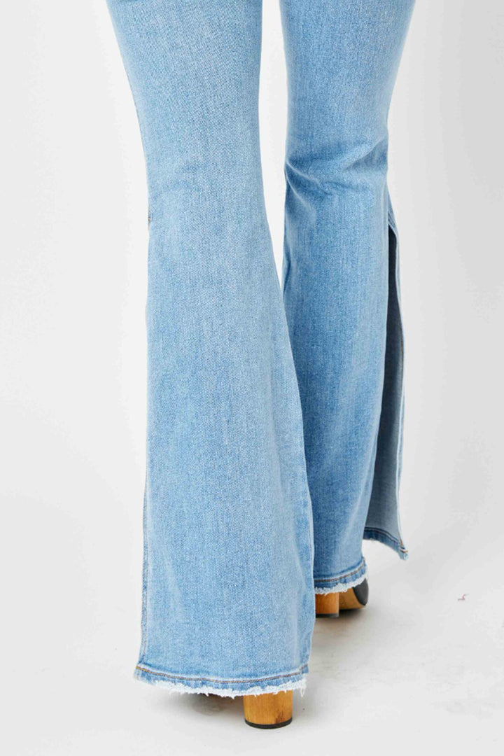 Judy Blue Full Size Mid Rise Raw Hem Slit Flare Jeans - Judy Blue Jeans Boutique
