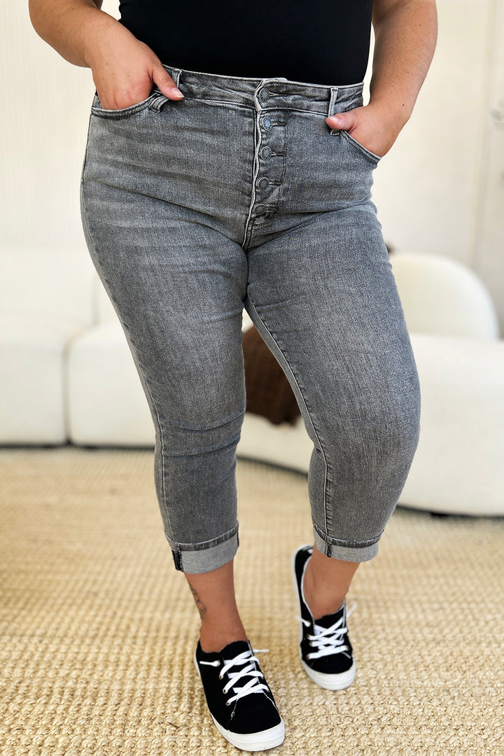 Judy Blue Full Size Button Fly High Waist Cuffed Capris - Judy Blue Jeans Boutique