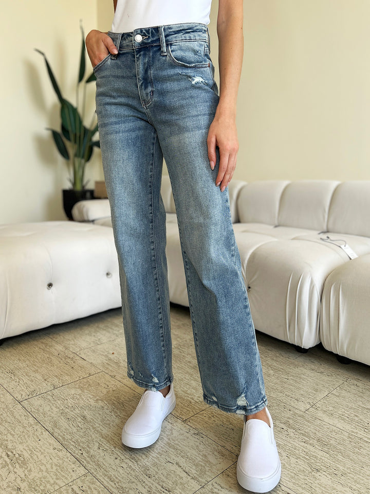 Judy Blue Full Size Mid Rise Distressed Straight Jeans - Judy Blue Jeans Boutique