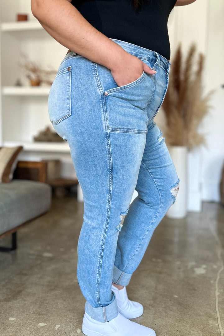 Judy Blue Full Size Distressed Straight Jeans with Patch Pockets - Judy Blue Jeans Boutique