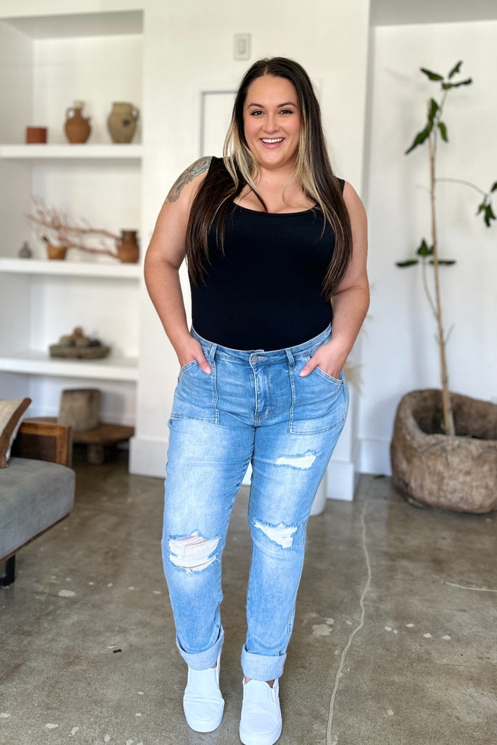 Judy Blue Full Size Distressed Straight Jeans with Patch Pockets - Judy Blue Jeans Boutique