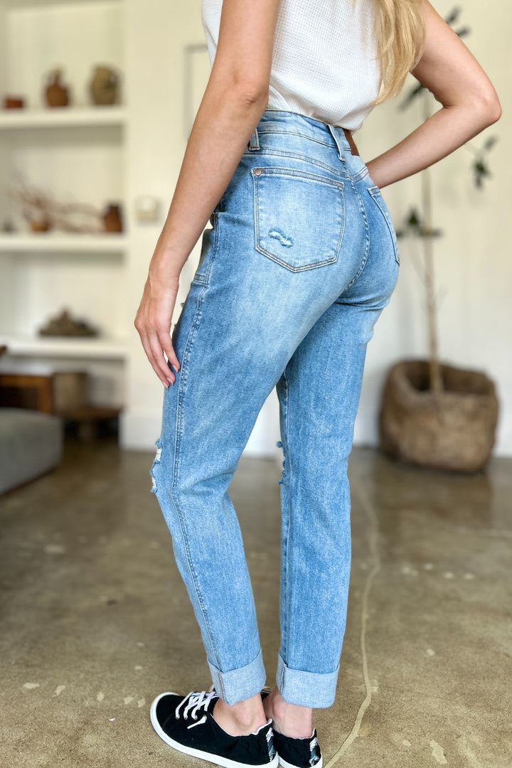 Judy Blue Full Size Distressed Straight Jeans with Patch Pockets - Judy Blue Jeans Boutique