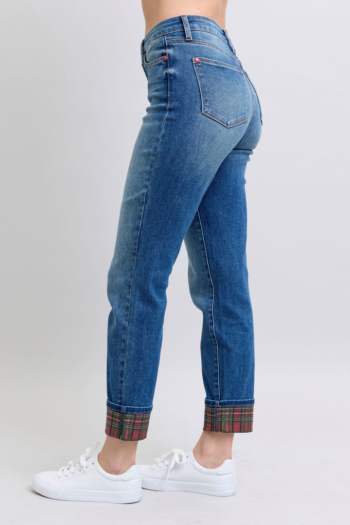 Judy Blue Full Size Plaid Print Cuff Straight Leg Jeans with Pockets - Judy Blue Jeans Boutique