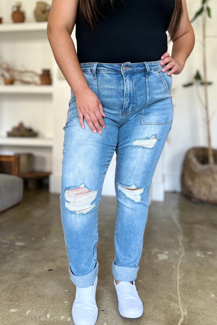 Judy Blue Full Size Distressed Straight Jeans with Patch Pockets - Judy Blue Jeans Boutique