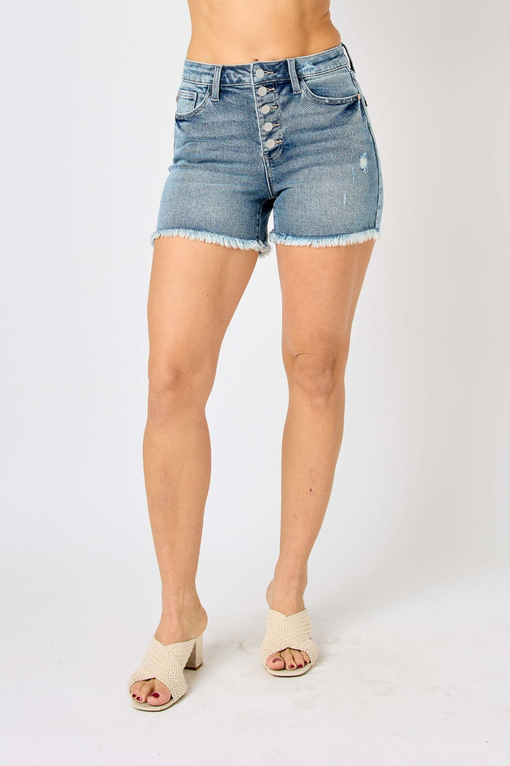 Judy Blue Full Size Button Fly Raw Hem Denim Shorts - Judy Blue Jeans Boutique