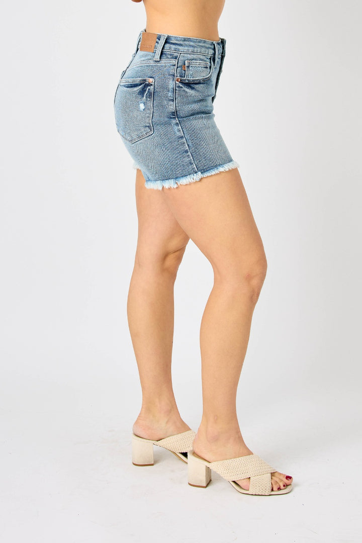 Judy Blue Full Size Button Fly Raw Hem Denim Shorts - Judy Blue Jeans Boutique