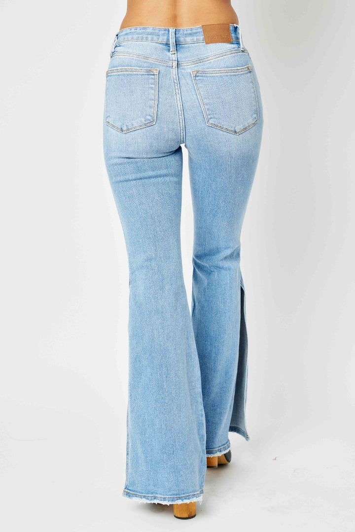 Judy Blue Full Size Mid Rise Raw Hem Slit Flare Jeans - Judy Blue Jeans Boutique