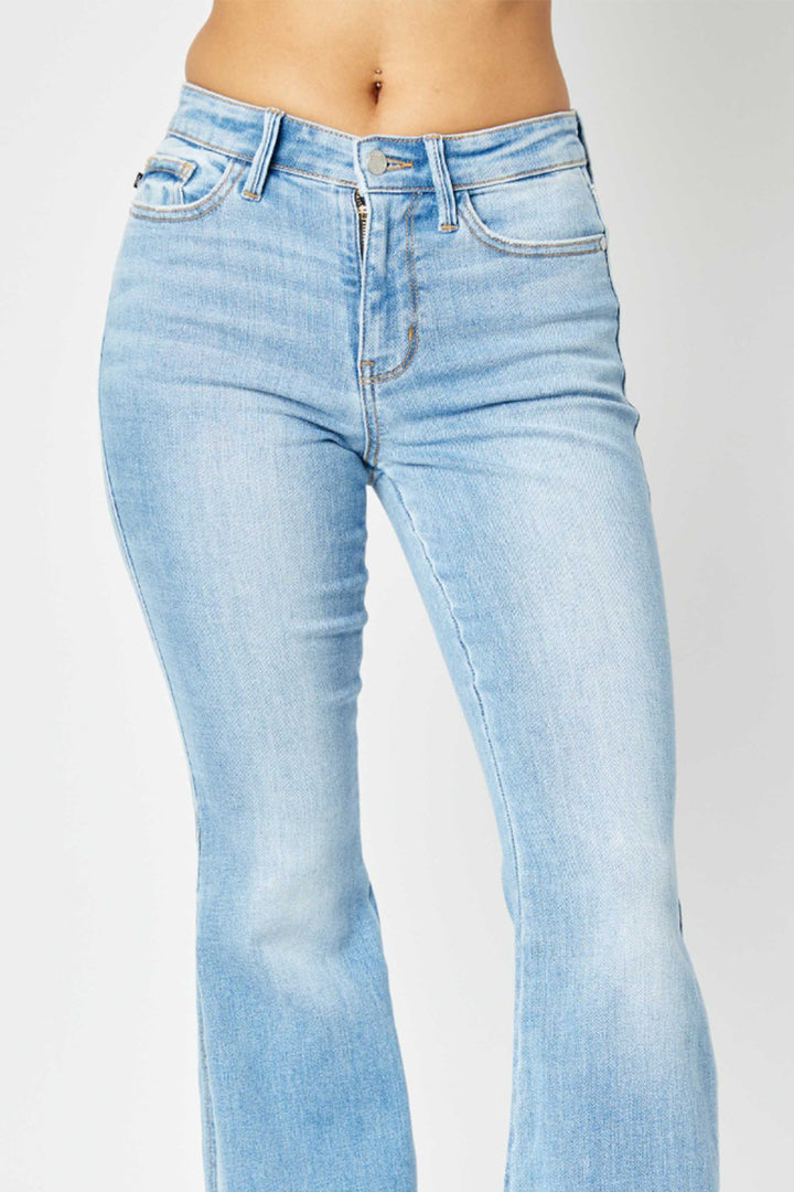 Judy Blue Full Size Mid Rise Raw Hem Slit Flare Jeans - Judy Blue Jeans Boutique